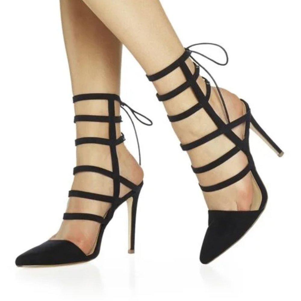 JustFab Black Faux Suede Nataya Strappy Heels